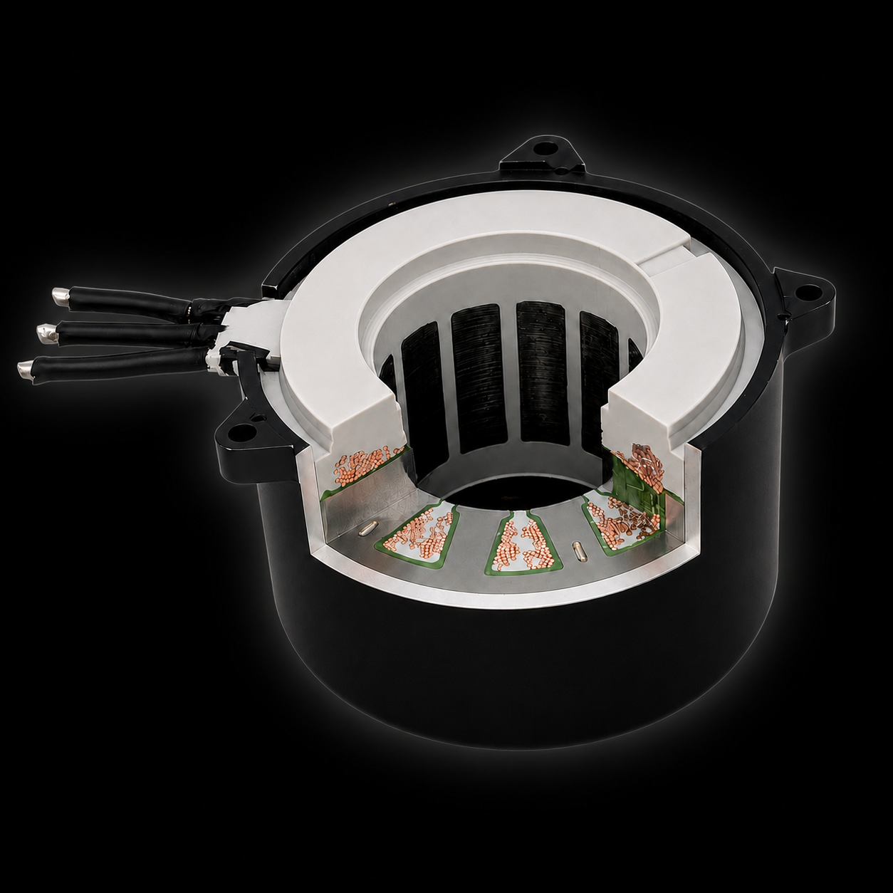 Cutaway view of a motor stator encapsulated with X2F molding technology